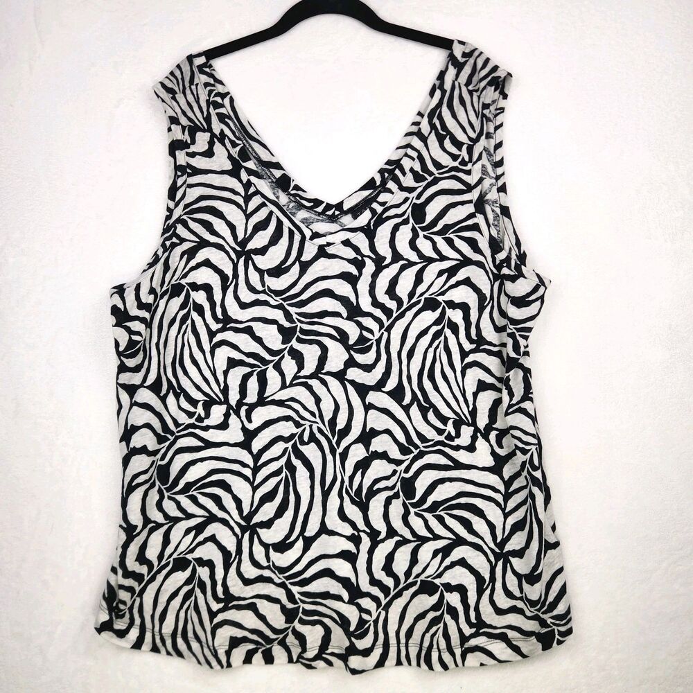 Tahari Linen Blend Sleeveless Tank Top 2X Black Beige Geo Print Career Bold Deco